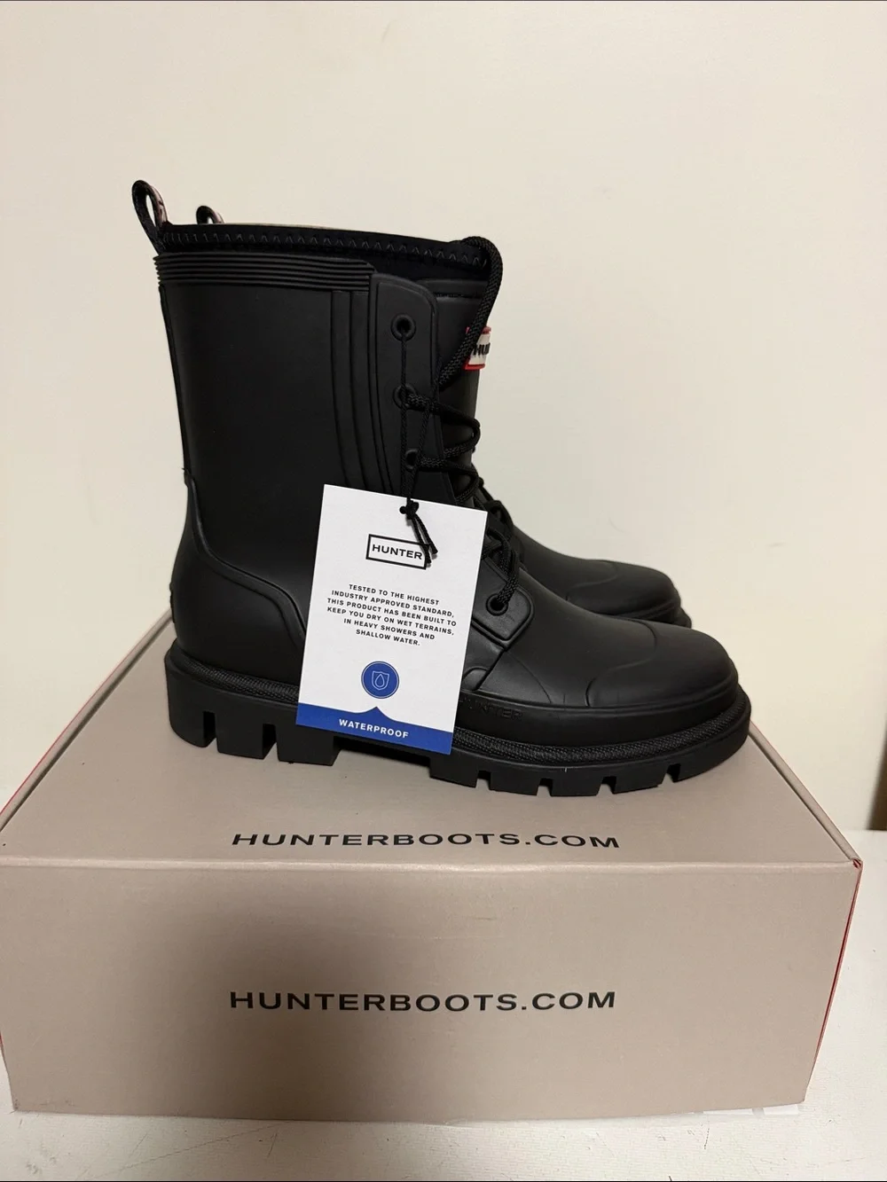 Hunter Big Kids Black Lace-Up Combat Rain Boots Size 5 Brand New